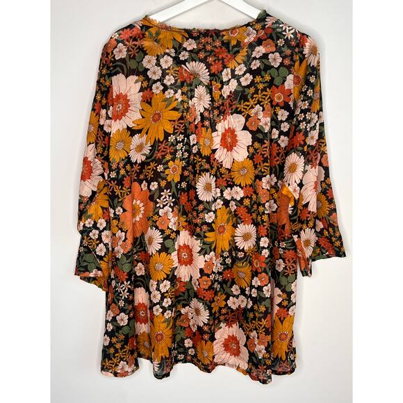 Natural Life Floral Print Cotton 3/4 Sleeve V-Neck Blouse Top Brown Women's L/XL - Picture 11 of 12